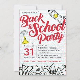 Convites Festa de Piscina de Volta às Aulas Impressão Doodl