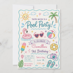 Convites Festa de Piscina Desenhada à Mão Verão Doodle Aniv