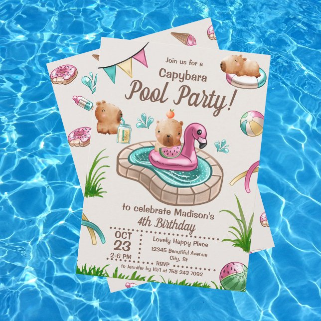 Convites Festa de piscina divertida de capivaras de verão (Criador carregado)