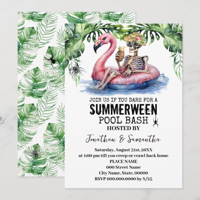 Convites Festa de Piscina do Esqueleto Tropical do Summerwe (Frente/Verso)