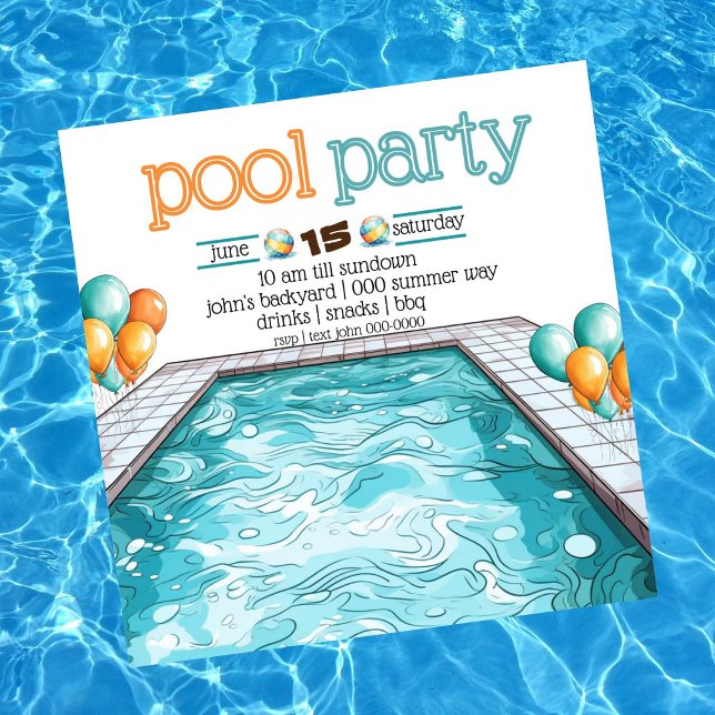 Convites Festa de Piscina e CHURRASCO do quintal em Aqua Bl (Fun and colorful pool party customizable invitation with aqua and orange balloons. )
