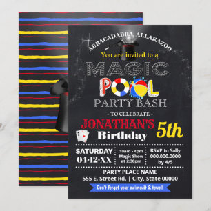Convites Festa de piscina e espetáculo de magia para crian