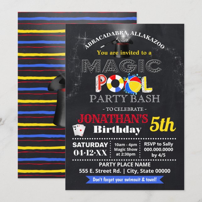 Convites Festa de piscina e espetáculo de magia para crianç (Frente/Verso)