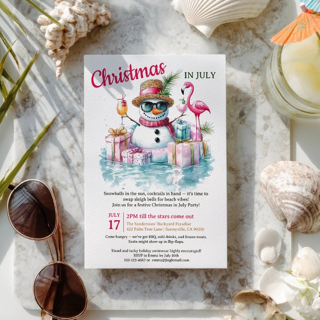 Convites Festa de Piscina Engraçado Snowman Natal em julho (Funny Snowman Pool Party Christmas in July Invitation)