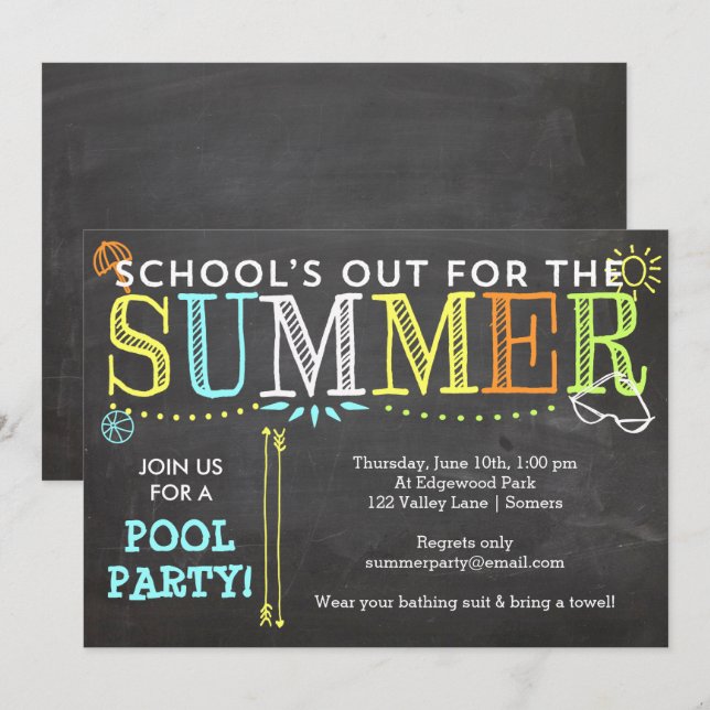 Convites Festa de piscina - Festa de Verão - Fora da Escola (Frente/Verso)