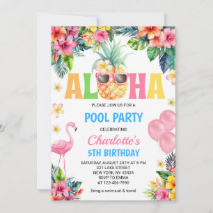 Convites Festa de Piscina Flamingo Abacaxi Tropical Aloha
