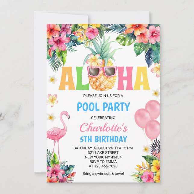 Convites Festa de Piscina Flamingo Abacaxi Tropical Aloha (Frente)