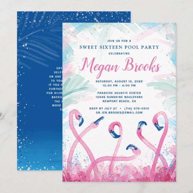 Convites Festa de Piscina Flamingo Rosa Azul Doce 16 Aniver (Frente/Verso)
