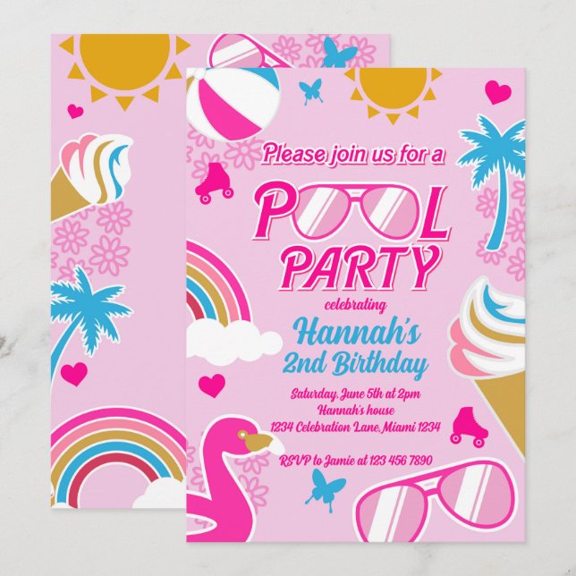 Convites Festa de piscina Malibu Beach Birthday Girl Dolly  (Frente/Verso)