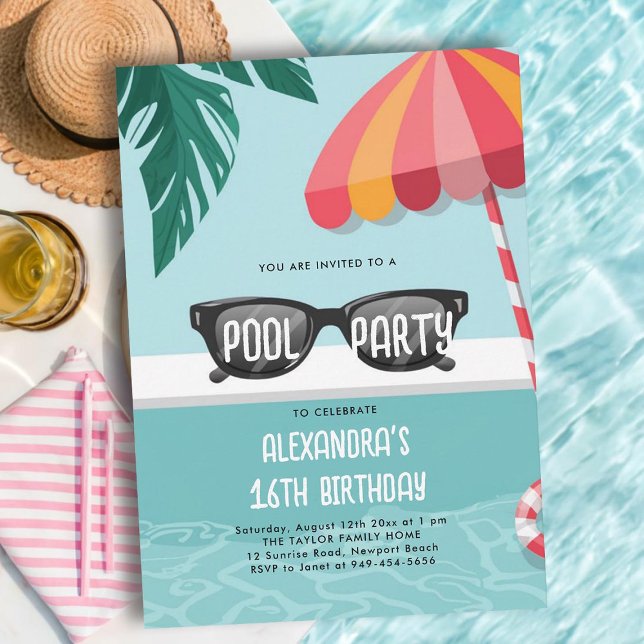 Convites Festa de piscina Moderna de Folha Tropical Fresca  (sweet 16 pool party invitations pink teal tropical leaf modern simple fun cool teen sunglasses cute)