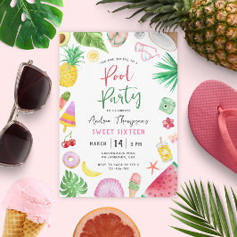 Convites Festa de Piscina Moderna Verão Doce 16 Aniversário