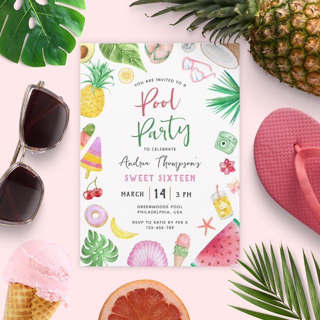 Convites Festa de Piscina Moderna Verão Doce 16 Aniversário (Criador carregado)
