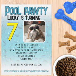 Convites Festa de piscina para cachorro com foto personaliz