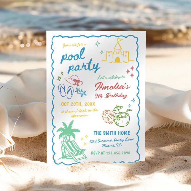 Convites Festa de Piscina Personalizada de Verão Divertida  (Criador carregado)
