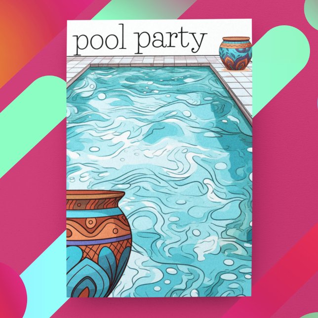Convites Festa de Piscina Personalizável Azul Aqua (Customize the back of this summer celebration pool party invitation with clay pots and a pool. )