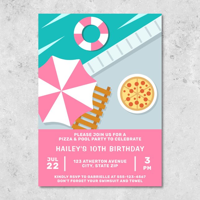 Convites Festa de Piscina Pizza Piscina Rosa Moderno (Pink invitation for a pizza & pool party)