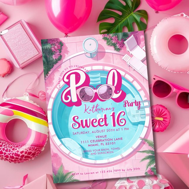 Convites Festa de Piscina Rosa Brilhante Garota Doce 16 Dez (Bright Pink Pool Party Girly Sweet 16 Sixteen Invitation)
