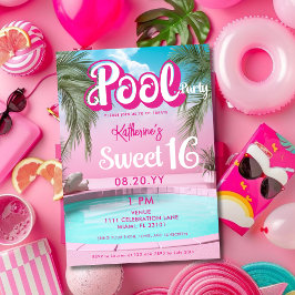 Convites Festa de Piscina Rosa Quente Girly Bright Doce 16 