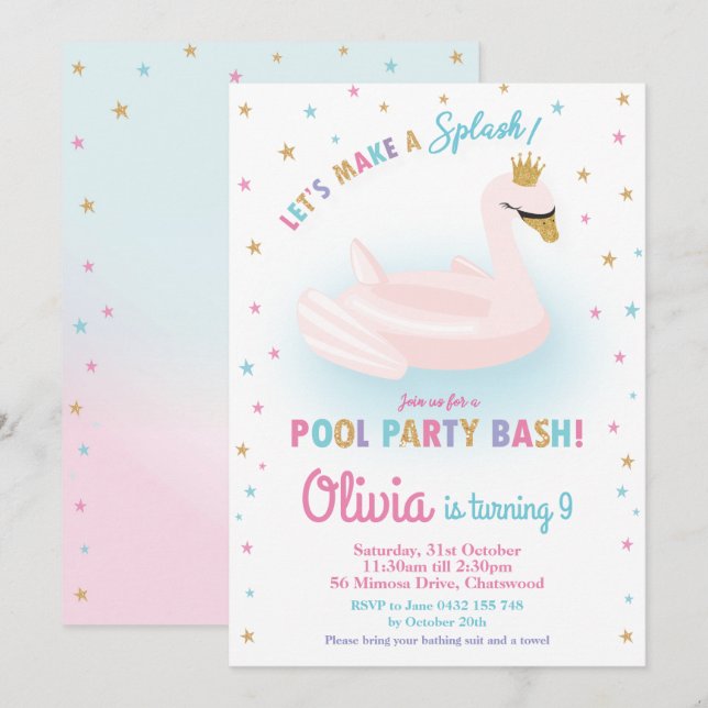 Convites Festa de Piscina Swan Princess Birthday Girl Float (Frente/Verso)