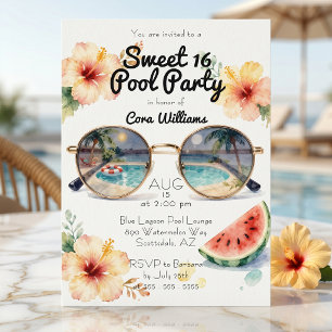 Convites Festa de Piscina Sweet 16 Tropical Hibisco Aquarel