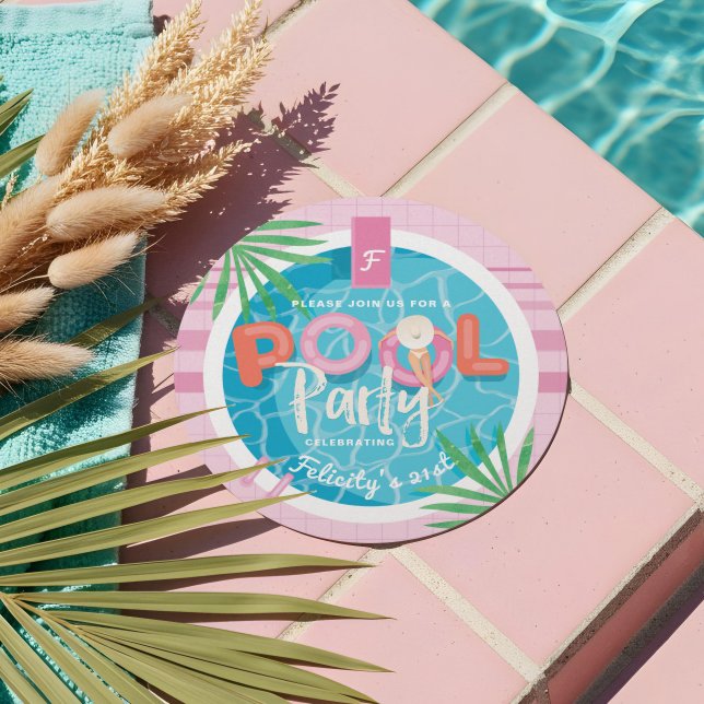 Convites Festa de Piscina Tropical de Palma Rosa Divertida, (Fun Pink Tropical Palm Summer Pool Party Birthday Invitation)