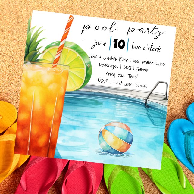 Convites Festa de Piscinas e Bebidas Tropicais (Tropical drink vibes pool party invitation with beach ball and poolside scene- customizable. )