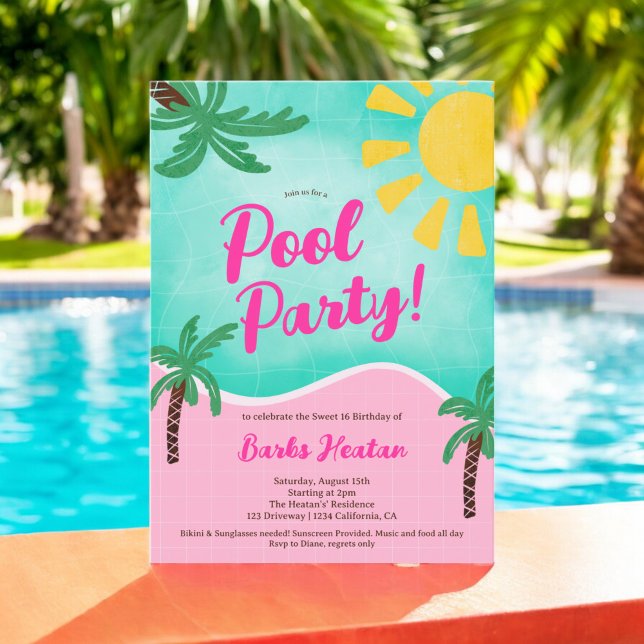 Convites Festa de piscinas Tropicais de Summer Bright Doce  (Fun Summer Bright Tropical pool party Sweet 16 Invitation)