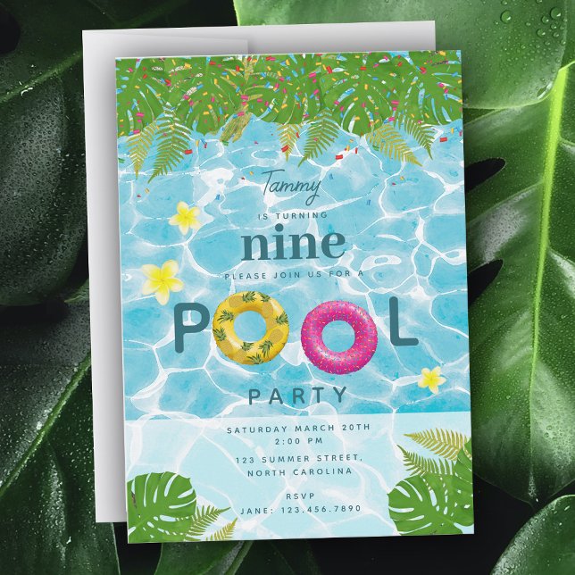 Convites Festa de Piscinas Tropicais Nadando Piscina Aniver (Tropical Pool Party Swimming Pool Birthday Invitation)