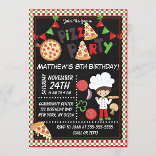 Convites Festa de Pizza Cabelo Castanho Menino Aniversário