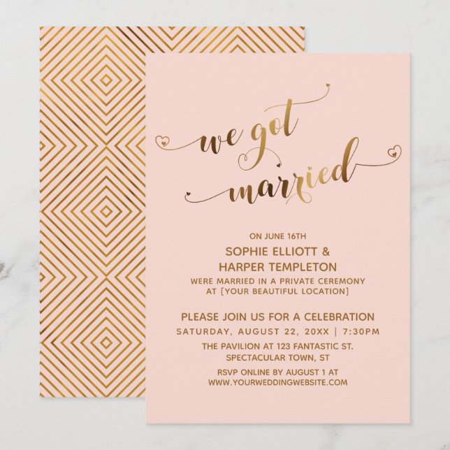 Convites Festa de Pós-Casamento Gold Blush We Got Married (Frente/Verso)