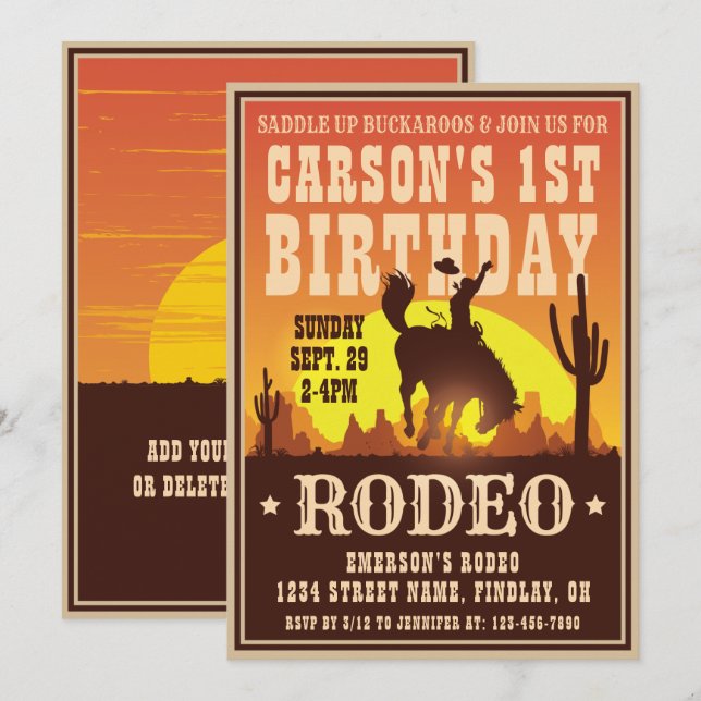 Convites Festa de Poster do Aniversário do Cowboy Rodeo, Qu (Frente/Verso)