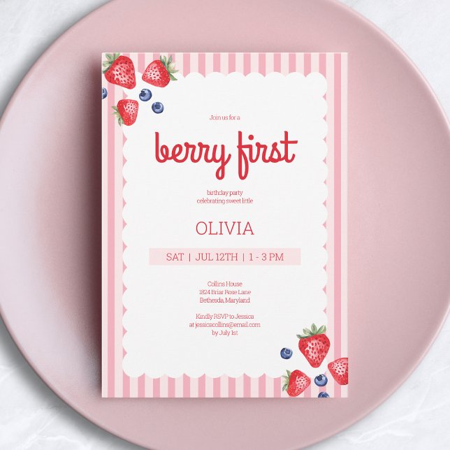 Convites Festa de primeira primeiro aniversario de Berry, F (Cute Summer Fruit Berry First 1st Birthday Party Invitation)