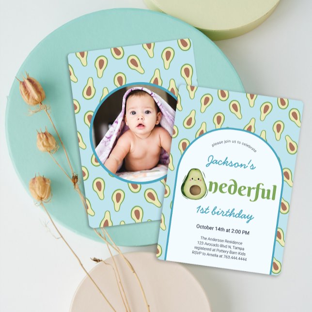 Convites Festa de primeiro aniversario Bela Maravilha (Cute Onederful Avocado 1st Birthday Party Invitation)