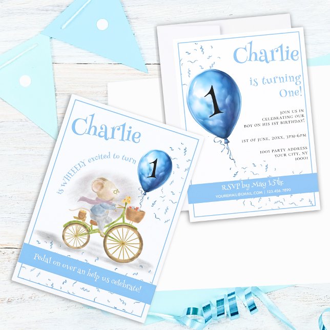 Convites Festa de primeiro aniversario Bicicleta de Rato Co (Front & Back - Cute Mouse Animal Riding Vintage Bicycle & 1st Birthday Party Balloon, Boy Invitation)