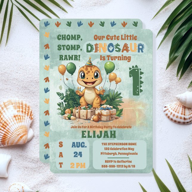 Convites Festa de primeiro aniversario Bonito do Menino Din ("Chomp, Stomp, Rawr!" "Our Cute Little Dinosaur Is Turning 1" 1st Birthday Party Invitation)