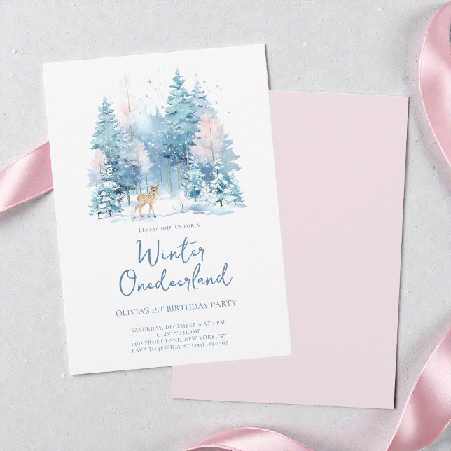Convites Festa de primeiro aniversario da Floresta Rosa do  (Pink Woodland Winter Onederland 1st Birthday Party Invitation)