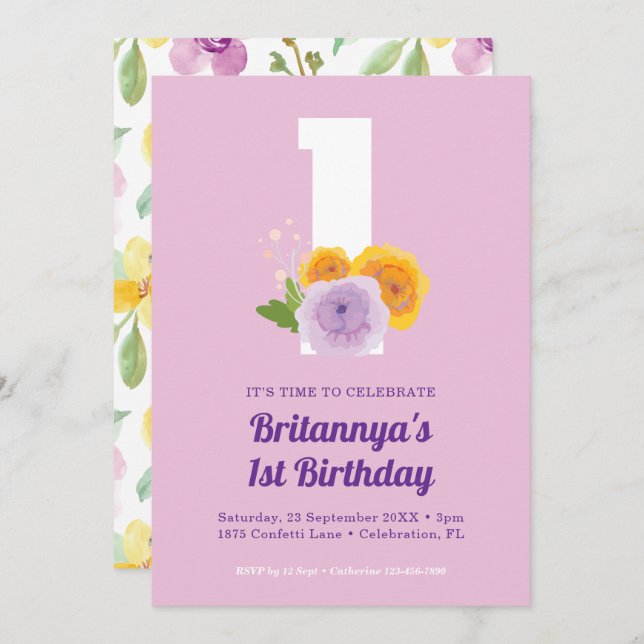 Convites Festa de primeiro aniversario da Garota Floral de  (Frente/Verso)