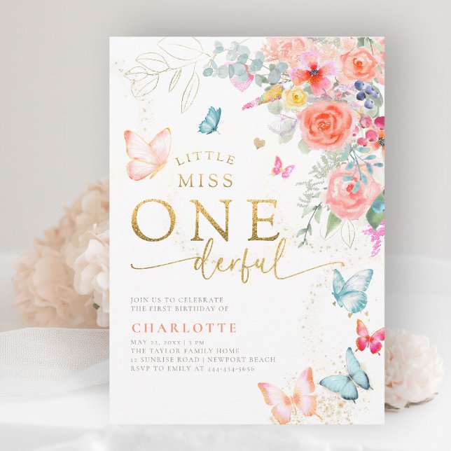 Convites Festa de primeiro aniversario da Menina Borboleta (little miss onederful girls 1st birthday invite pink garden floral  butterflies watercolor elegant)