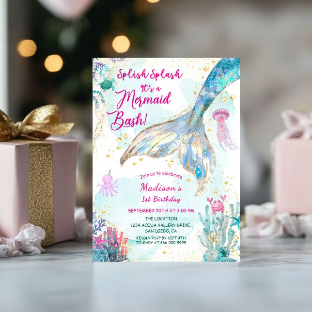 Convites Festa de primeiro aniversario da Sereia Dourada (Mermaid Tale Gold Turquoise 1st Birthday Girl Party Invitation)