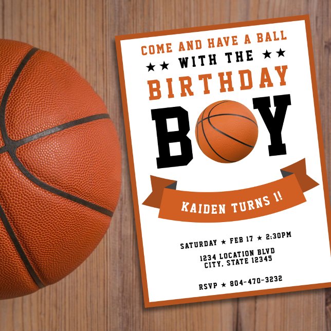 Convites Festa de primeiro aniversario de Bday Boy do Basqu (Basketball Sport Bday Boy 1st Birthday Party Invitation)