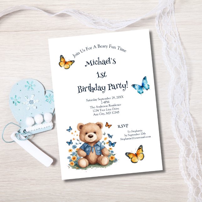 Convites Festa de primeiro aniversario de Bear Borboletas B (Teddy Bear Butterflies 1st Birthday Invitation Baby Boy Printed or Instant digital download )