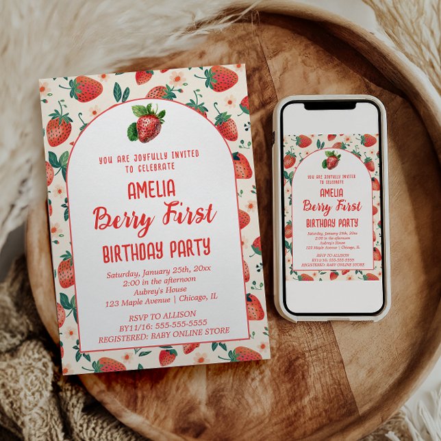 Convites Festa de primeiro aniversario de Berry First Straw (Criador carregado)