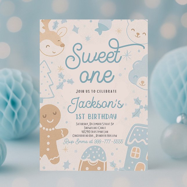 Convites Festa de primeiro aniversario de Biscoito de Natal (Sweet One Christmas cookie first birthday boy party invitation with gingerbread and festive holiday )