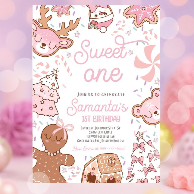 Convites Festa de primeiro aniversario de Biscoito de Natal (Sweet One Christmas first birthday invitation with holiday cookies, gingerbread, and festive red and)