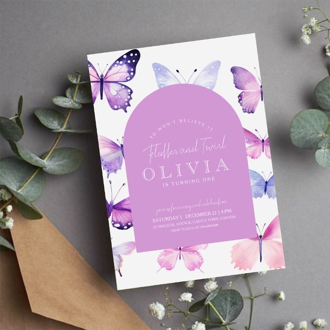 Convites Festa de primeiro aniversario de Borboleta Púrpura (Criador carregado)