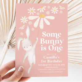 Convites Festa de primeiro aniversario de Bunny Daisy Pink