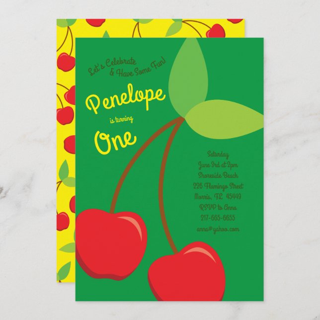 Convites Festa de primeiro aniversario de Cerejas (Frente/Verso)