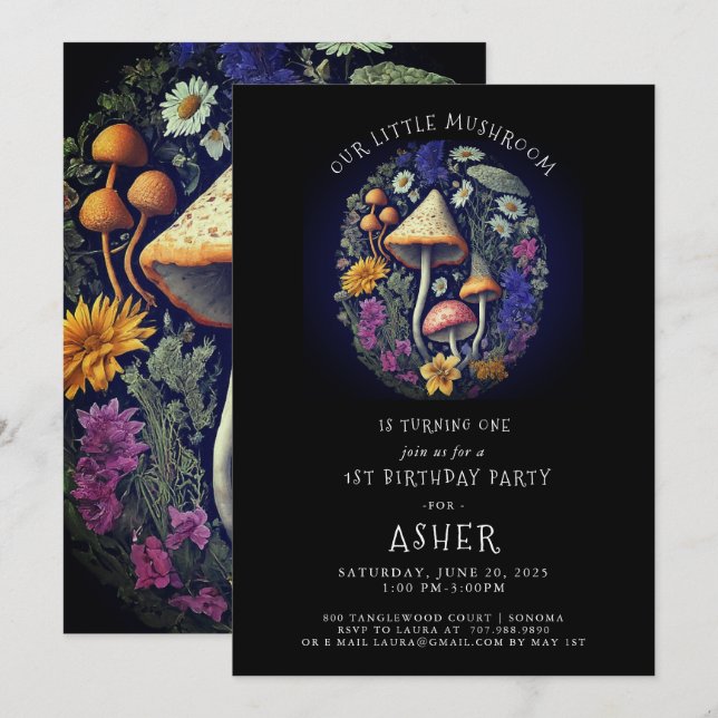 Convites Festa de primeiro aniversario de Cogumelo (Frente/Verso)