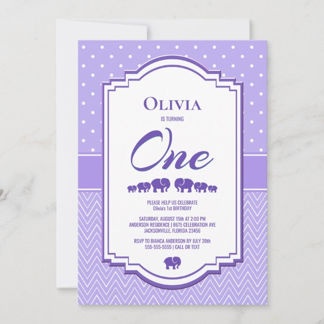 Convites Festa de primeiro aniversario de Elefantes lavanda (Frente)