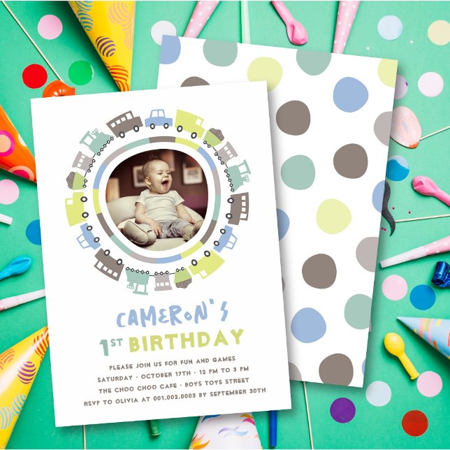 Convites Festa de primeiro aniversario de Foto de Transport (Boy's Toys Pastel Blue Fun Transport Any Age / 1st Birthday Photo Kid's Party Invitation @ Zazzle)